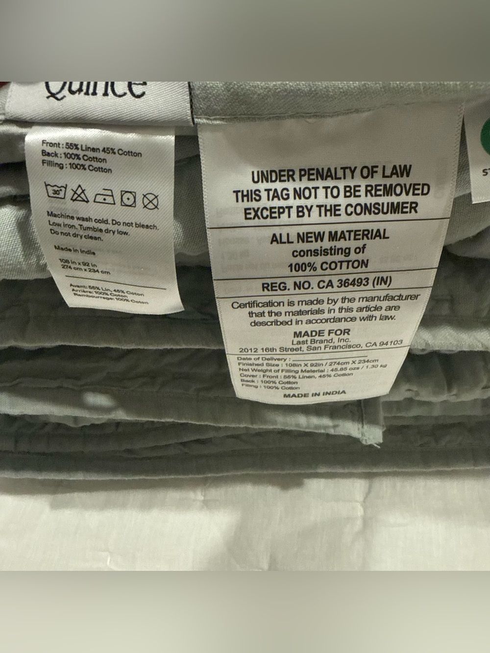 New Quince European Linen Cotton Stitch Quilt Set King/CalKing $219.90 Mist - Picture 9 of 9